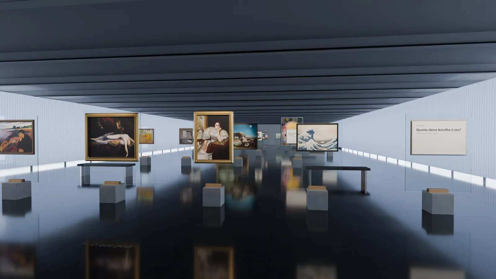 Salão da pinacoteca com obras em cavaletes de vidro sobre cubos de concreto